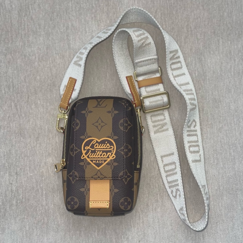 Authentic VA NIGO Brown Monogram Striped Coated Canvas Flap Double Phone Pouch